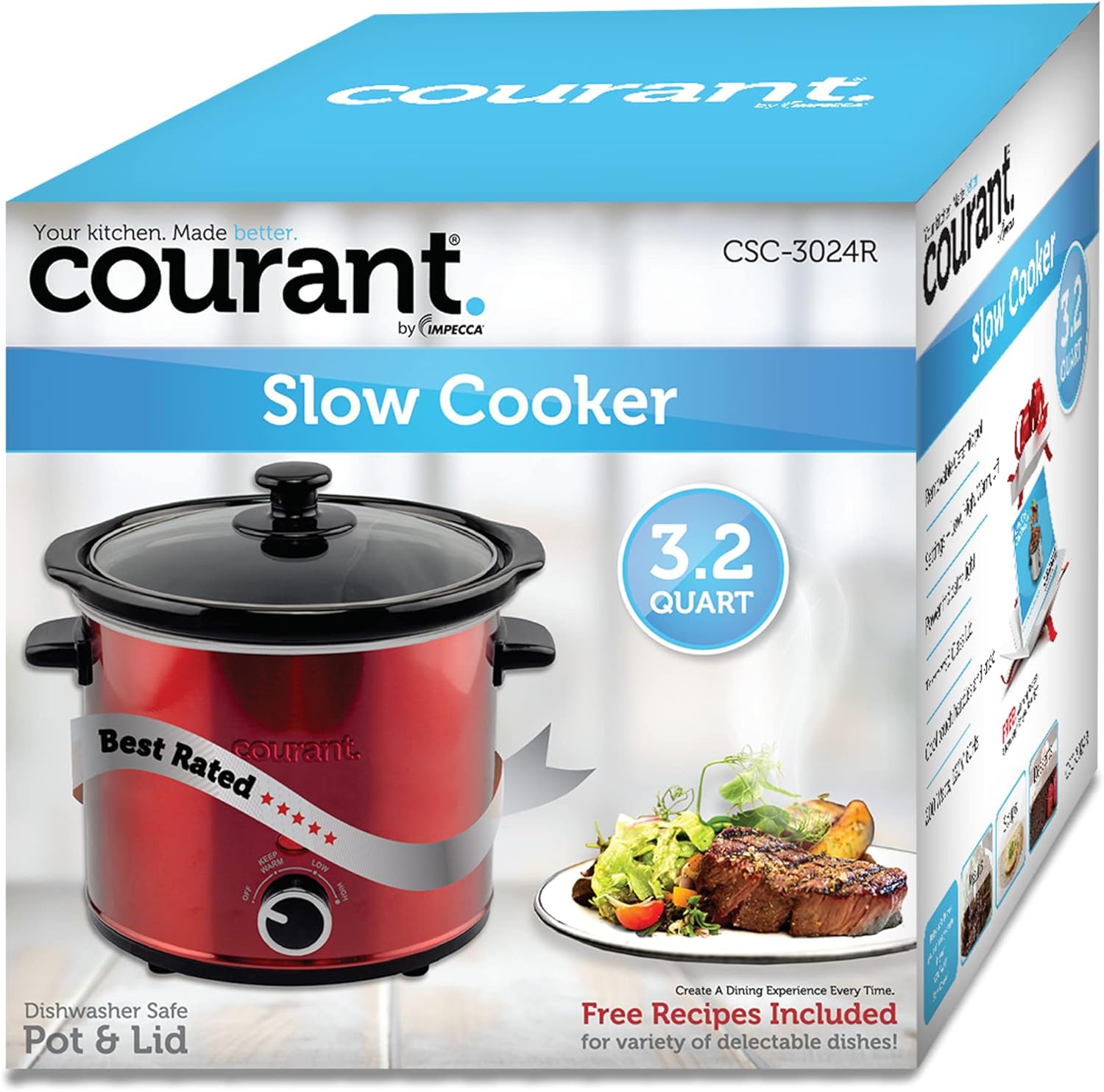 Courant Slow Cooker 3.2 Quart Crock Dishwasher Safe Stainproof Pot and Glass Lid, Round Manual Slow Cooker, Red Stainless Steel