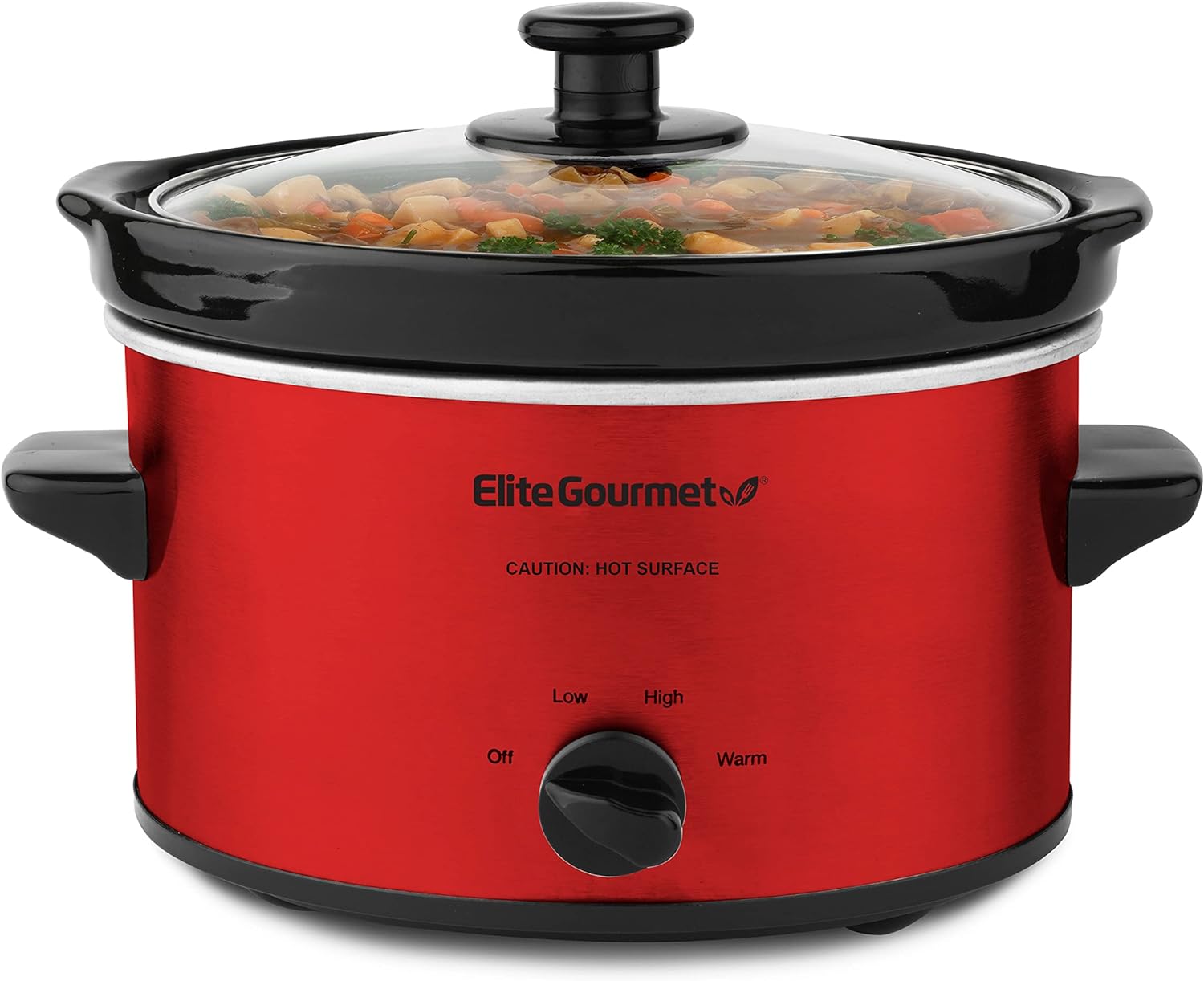 Elite Gourmet MST-275XR# Electric Oval Slow Cooker, Adjustable Temp, Entrees, Sauces, Stews  Dips, Dishwasher Safe Glass Lid  Crock (2 Quart, Metallic Red)