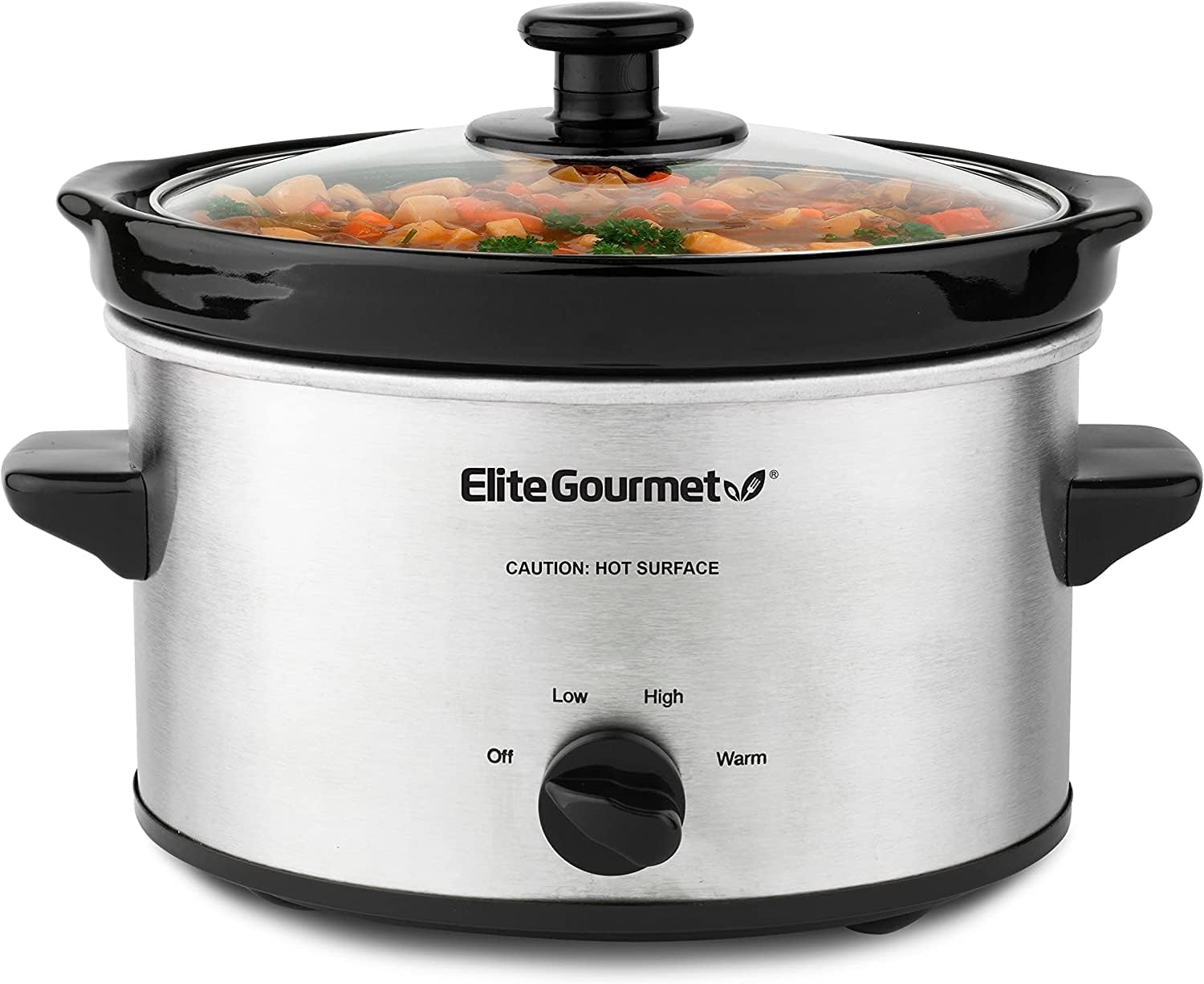 Elite Gourmet MST-275XS Electric Oval Slow Cooker, Adjustable Temp, Entrees, Sauces, Stews  Dips, Dishwasher Safe Glass Lid  Crock (2 Quart, Stainless Steel)