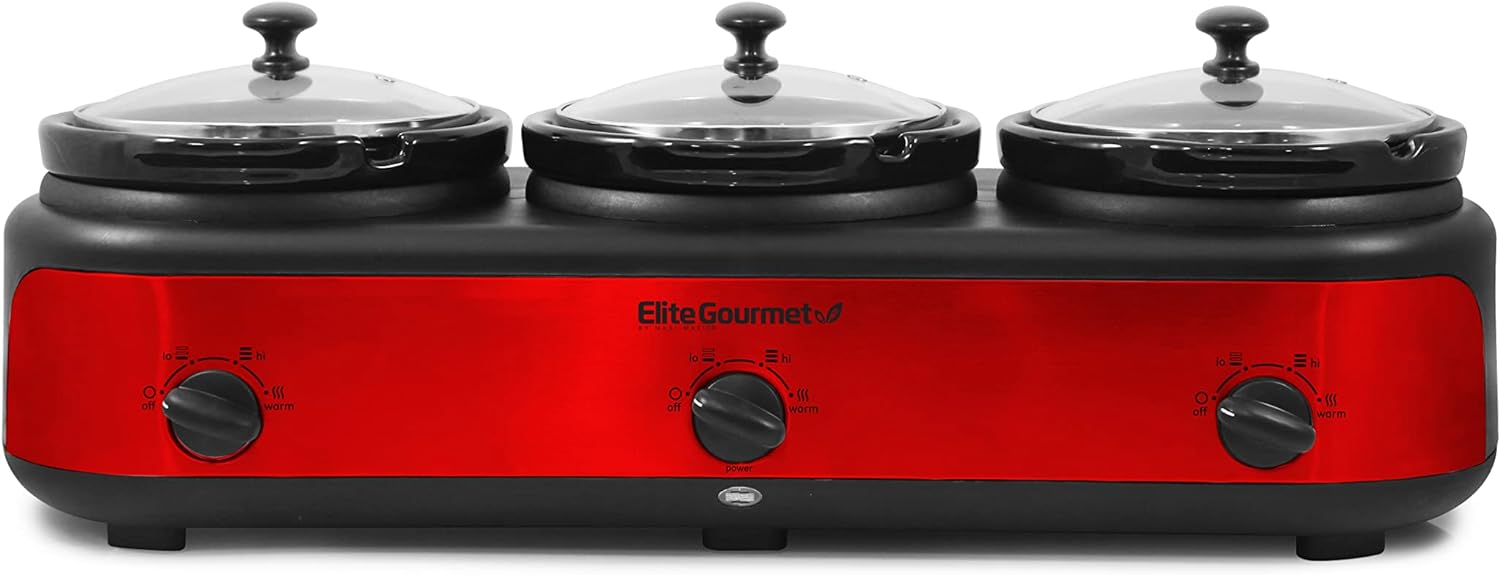Elite Platinum EWMST-325R Maxi-Matic Triple Slow Cooker Buffet Server Adjustable Temp Dishwasher-Safe Oval Ceramic Pots, Lid Rests, 3 x 2.5 Qt Capacity, Red