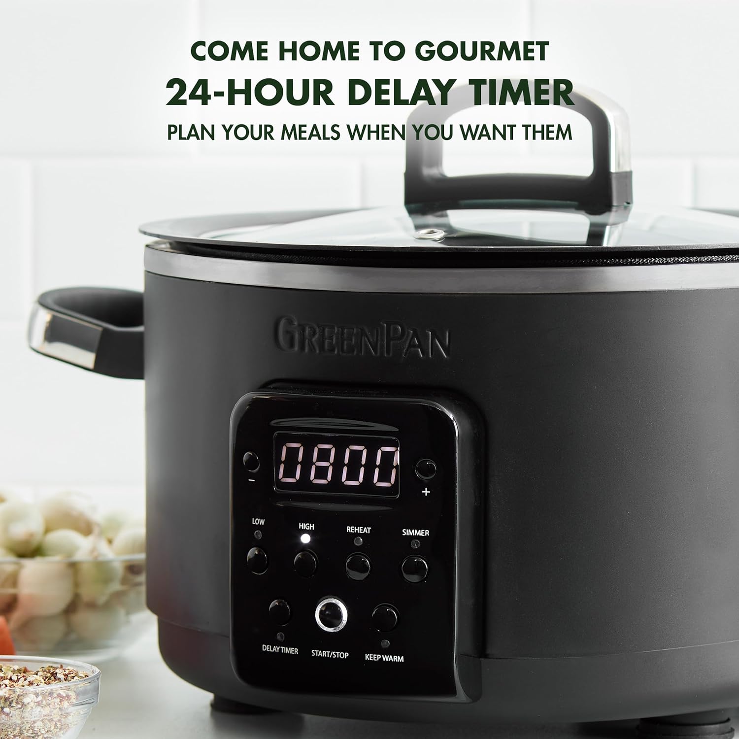 GreenPan Bistro Noir 4QT Electric Slow Cooker with Lid, 6-in-1 Multifunction Heating Presets, Hard Anodized PFAS-Free Removeable Inner Pot with Ceramic Nonstick Coating, Easy Grip Handles, Matte Black