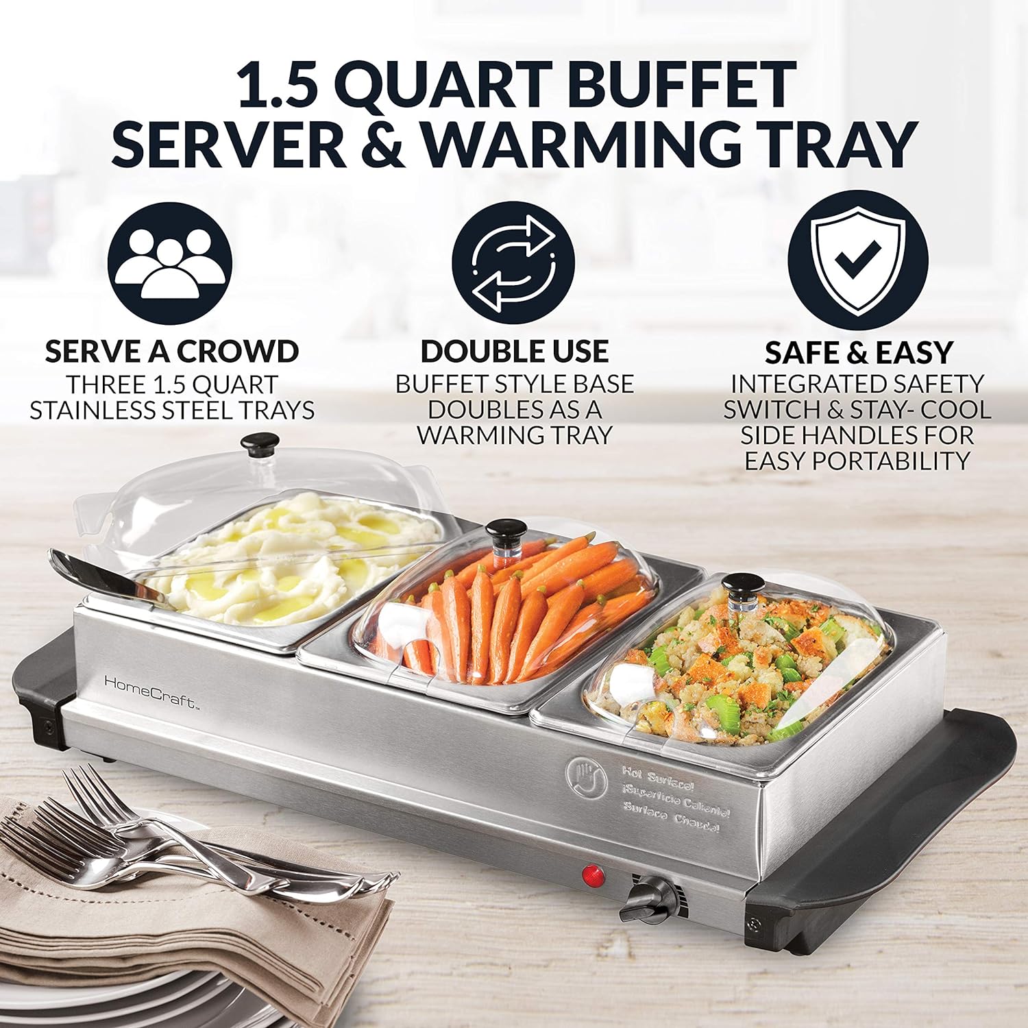HomeCraft HCBS15SS 3-Station 1.5-Quart Stainless Steel Buffet Server Slow Cooker  Warming Tray, Adjustable Temperature, Perfect for Dinner, Appetizers