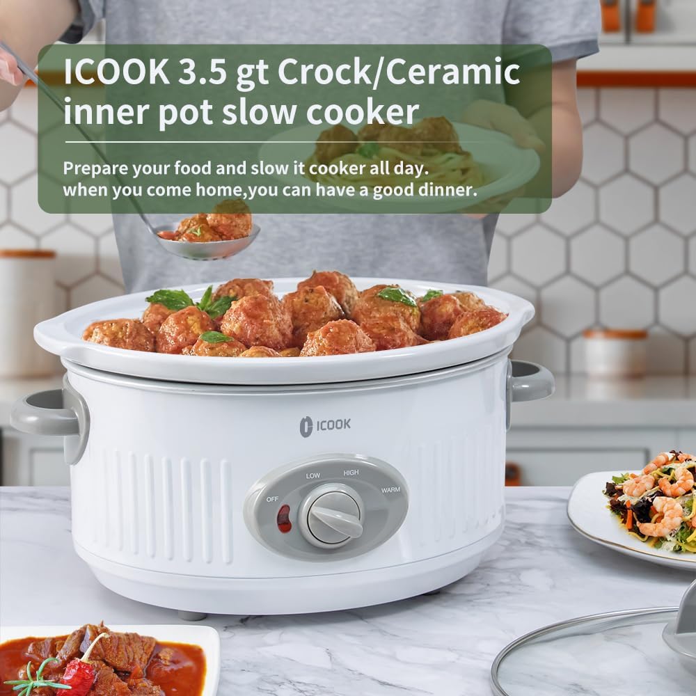 ICOOK Slow Cooker 3.5 Quart USC-351-OG,Dishwasher Safe Crock/Ceramic inner pot and Glass lid,Small Slow Cooker,Oval Shape,White