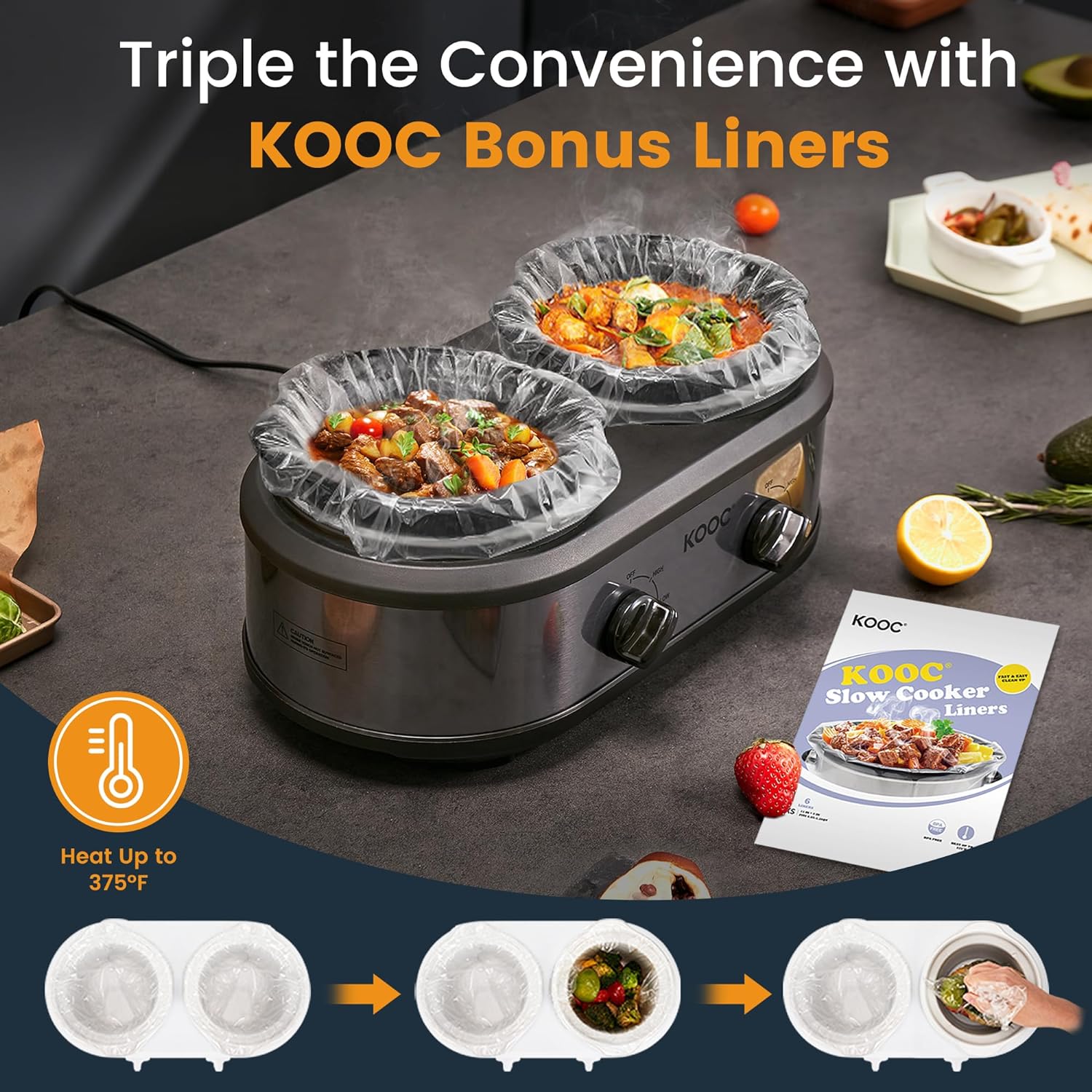 KOOC Double Small Slow Cooker, Buffet Server and Warmer, 2 Mini Pots with 3 Individual Adjustable Temp, Dual Ceramic Pots, Free Liners for Easy Clean-up, Stainless Steel, Total 2.5 Quarts, Grey, Round