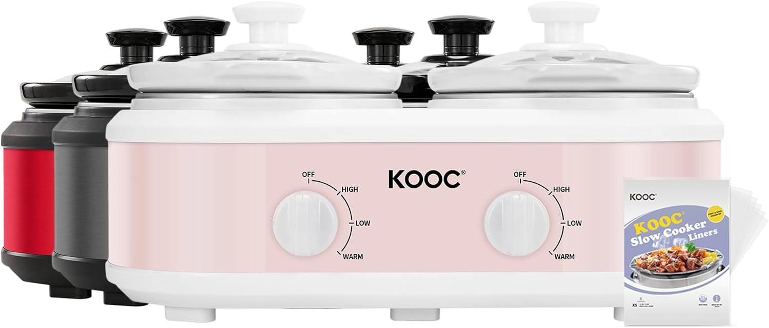 KOOC Double Small Slow Cooker, Buffet Server and Warmer, 2 Mini Pots with 3 Individual Adjustable Temp, Dual Ceramic Pots, Free Liners for Easy Clean-up, Stainless Steel, Total 2.5 Quarts, Grey, Round