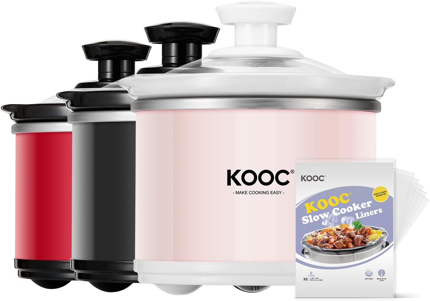 KOOC Small Slow Cooker, 0.65-Quart, Free Liners Included, Upgraded Ceramic Pot, Nutrient Loss Reduction, Sauces, Stews  Dips, Stainless Steel, Pink, Round