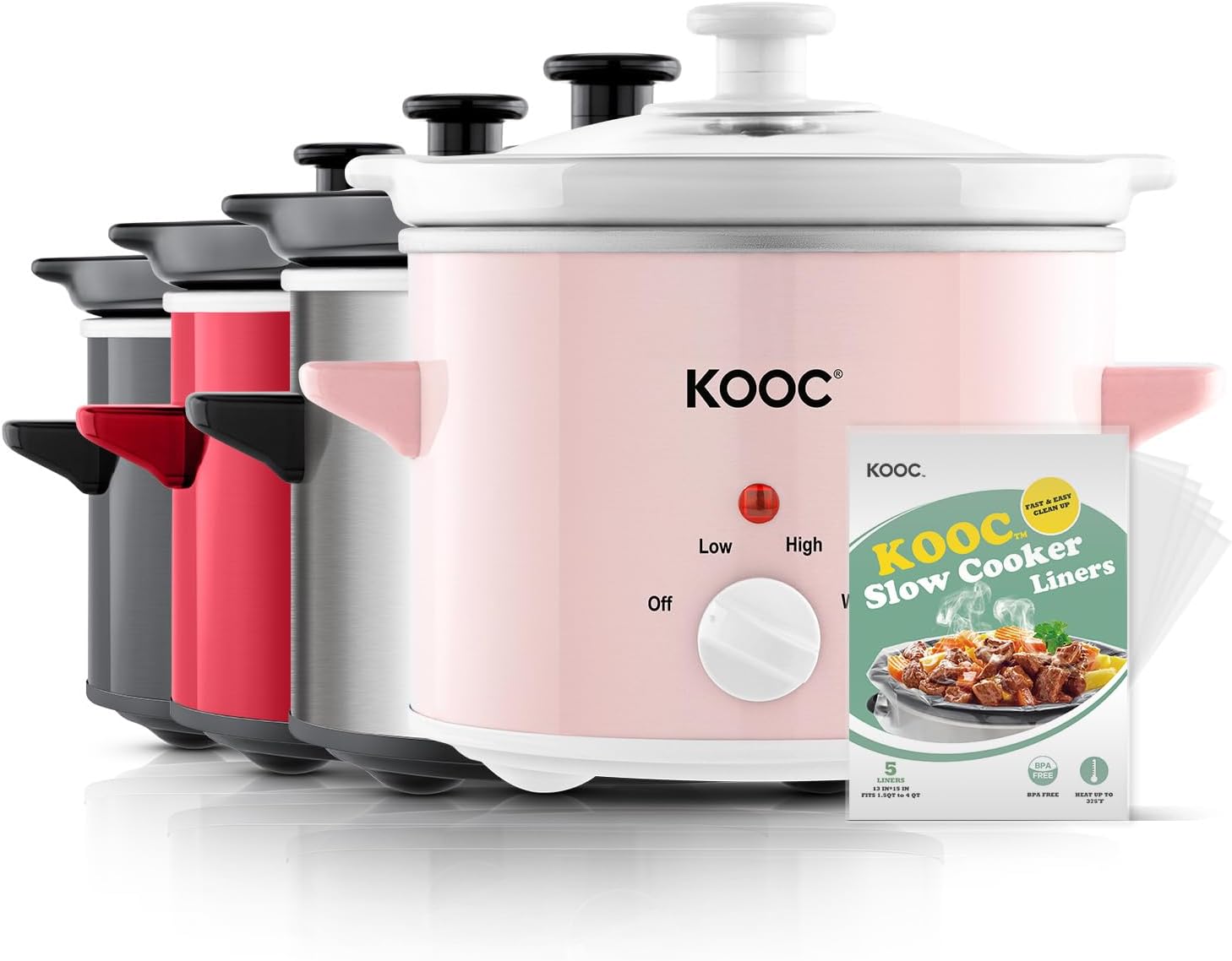 KOOC Small Slow Cooker, 2-Quart, Free Liners Included for Easy Clean-up, Upgraded Ceramic pot, Adjustable Temp, Nutrient Loss Reduction, Stainless Steel, Pink, Round
