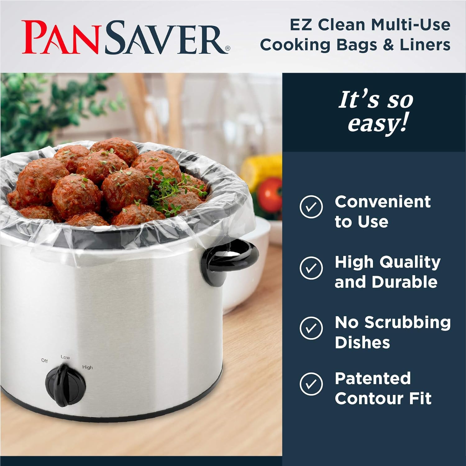 PanSaver Slow Cooker Liners - Disposable Liners with Sure Fit Band for Snug Fit - Instant Cleanup with No Scrubbing - Fits 3-6.5 Quarts, 4 Count