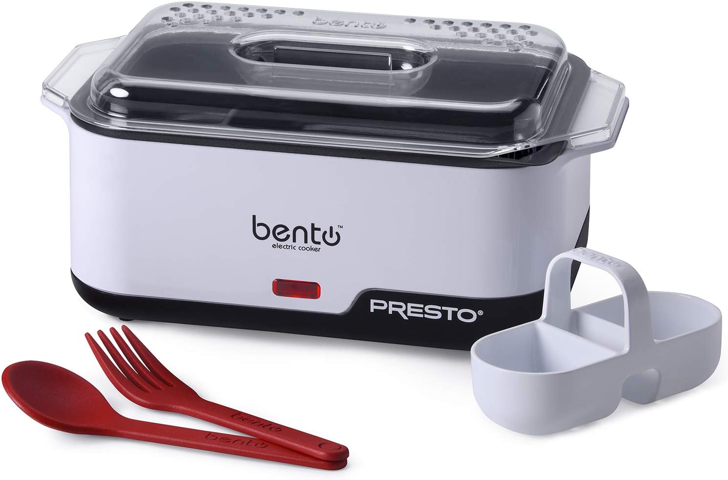 Presto 04634 Bento Electric Cooker - Compact Dual Compartment Cooker for Ramen, Eggs, Veggies and More, Perfect for Dorm Rooms, Includes Spoon/Fork