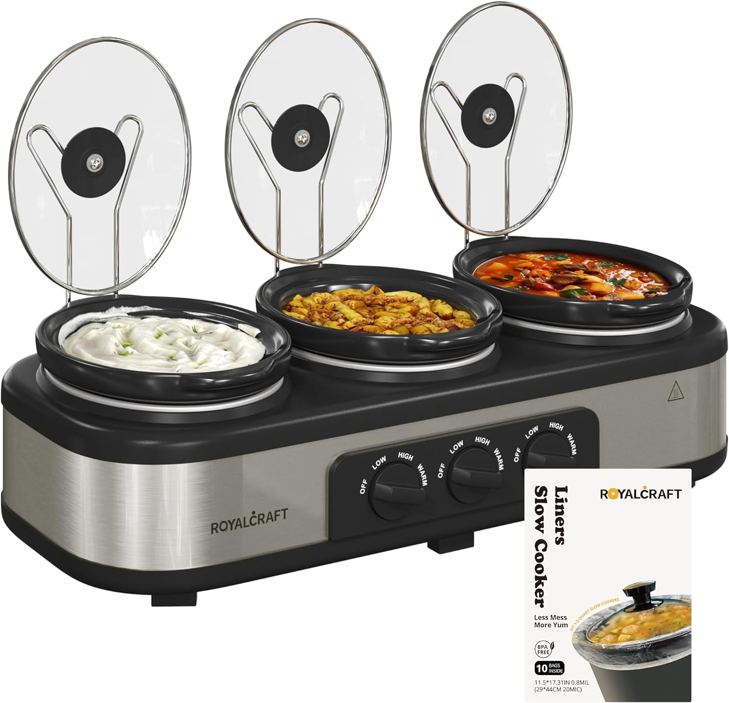 Royalcraft Slow Cooker with 10 Cooking Liners, 3 in 1 Buffet Servers Dips Pot, Food Warmers for Parties with 3 Spoons, Lid Rests, Removable Oval Ceramic Pots, Total 4.5QT Silver