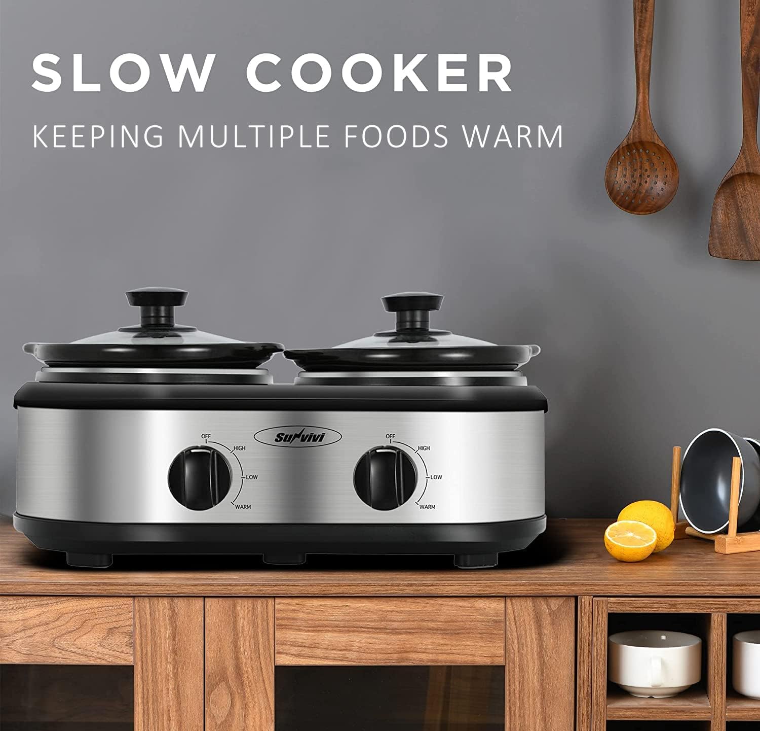 Sunvivi Double Slow Cooker,2 Pot Small Mini Crock Buffet Servers and Warmer,Dual Pot Oval Manual Slow Cooker with Adjustable Temp Removable Ceramic Pot,Stainless Steel, Total 2.5 Quarts Red