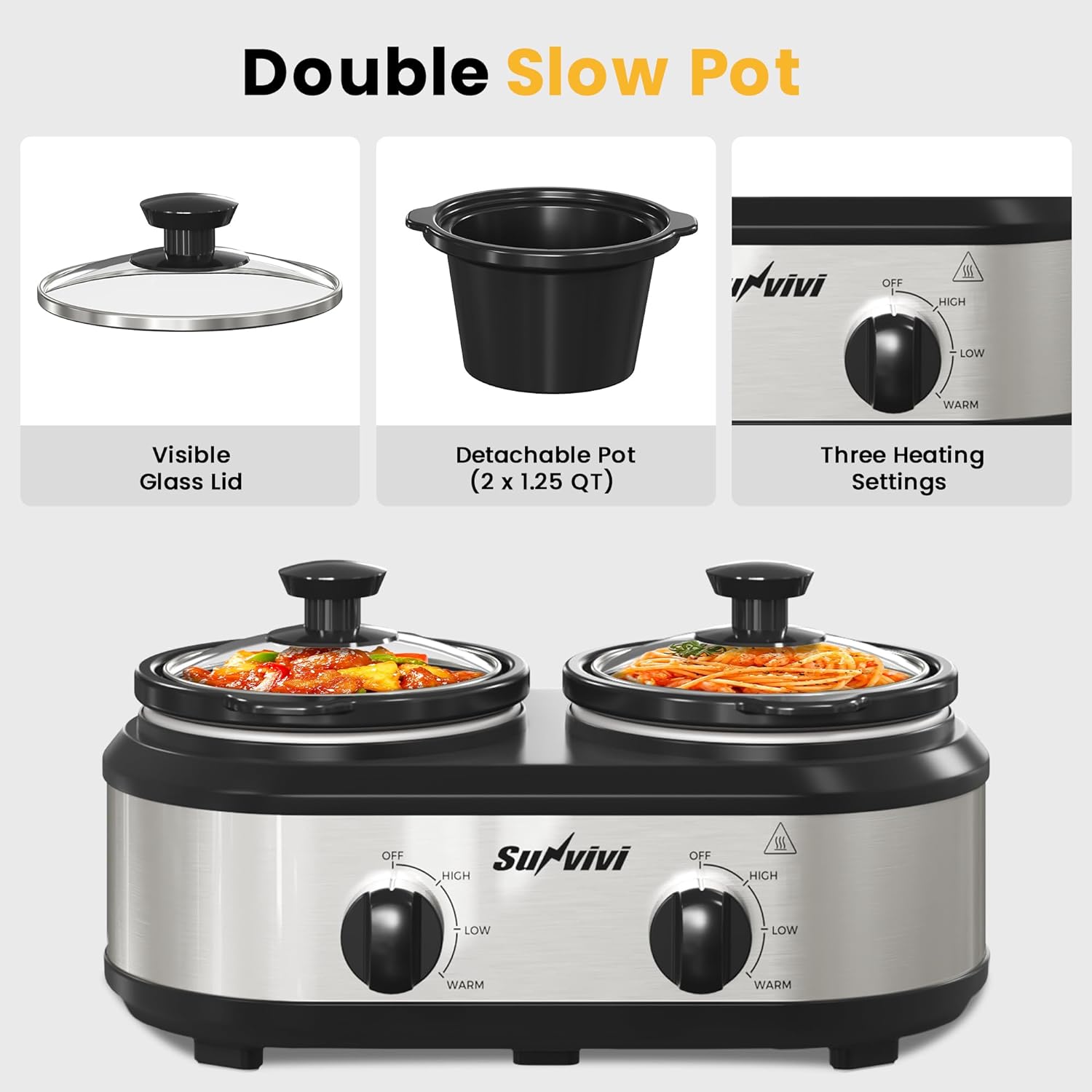 Sunvivi Dual Slow Cooker, Buffet Server and Food Warmer, Small Mini Pot with 3 Adjustable Temp  2 Visible Glass Lids, for Parties, Holidays and Entertaining, Stainless Steel, Total 2.5 QT