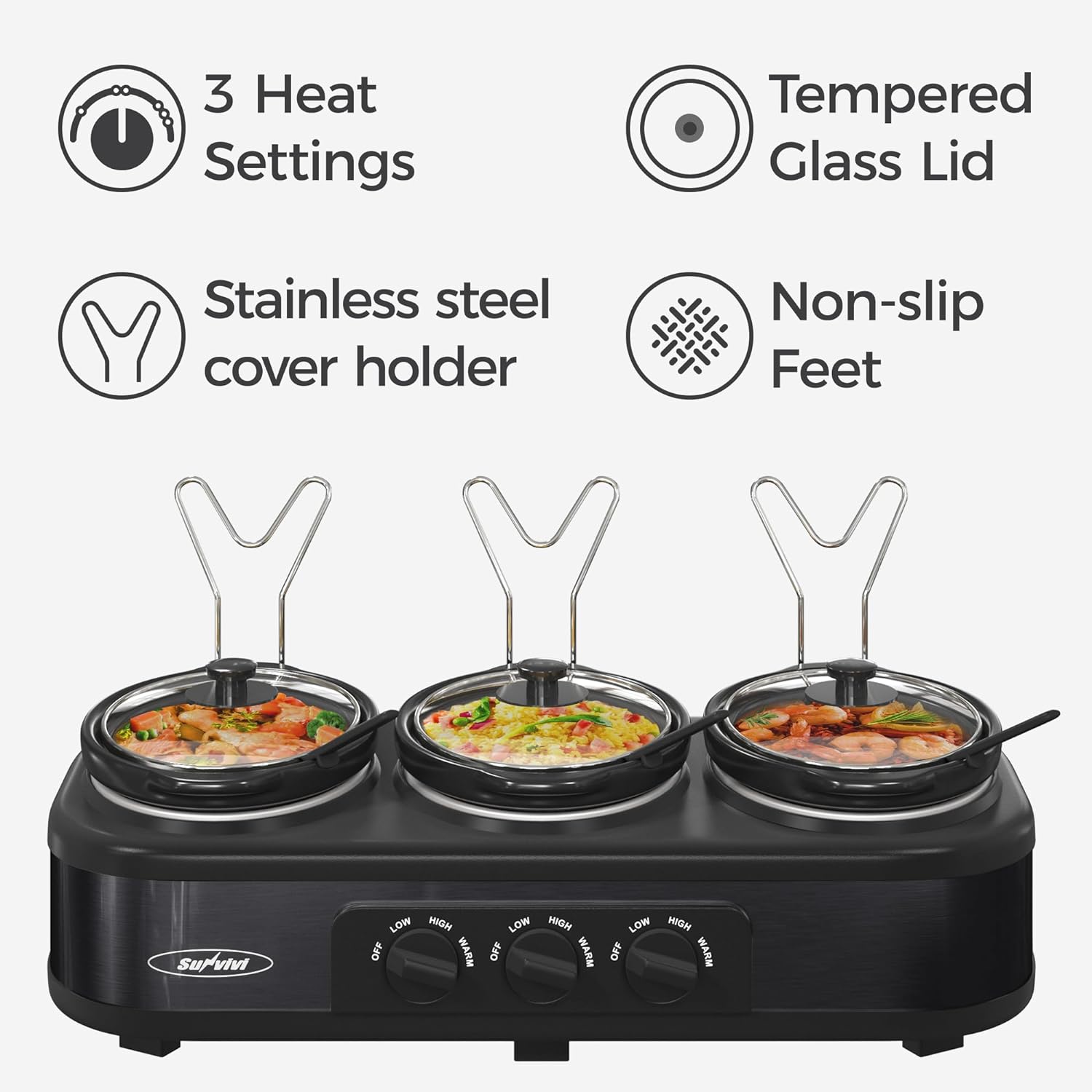 Sunvivi Triple Slow Cooker Buffet Servers and Warmer,3 Pot Food Small Mini Manual Slow Cooker with Adjustable Temp Stainless Steel Lid Rests,Removable Ceramic Pot,4.5 QT Black