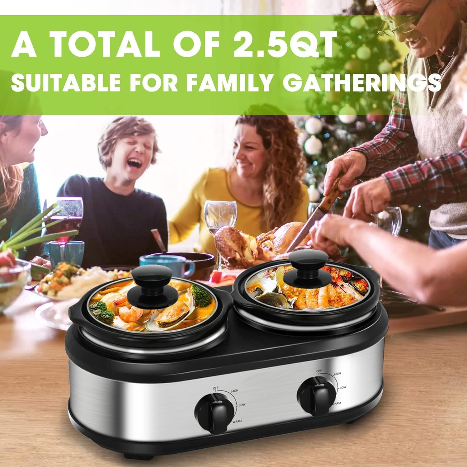 Triple Slow Cooker, Buffet Server Food Warmer, 3 * 1.5QT Slow Cooker with Ceramic Pot, 3 Modes Adjustable Temp, Dishwasher Safe, Removeable Glass Lid and 3 PVC Spoons,Stainless Steel