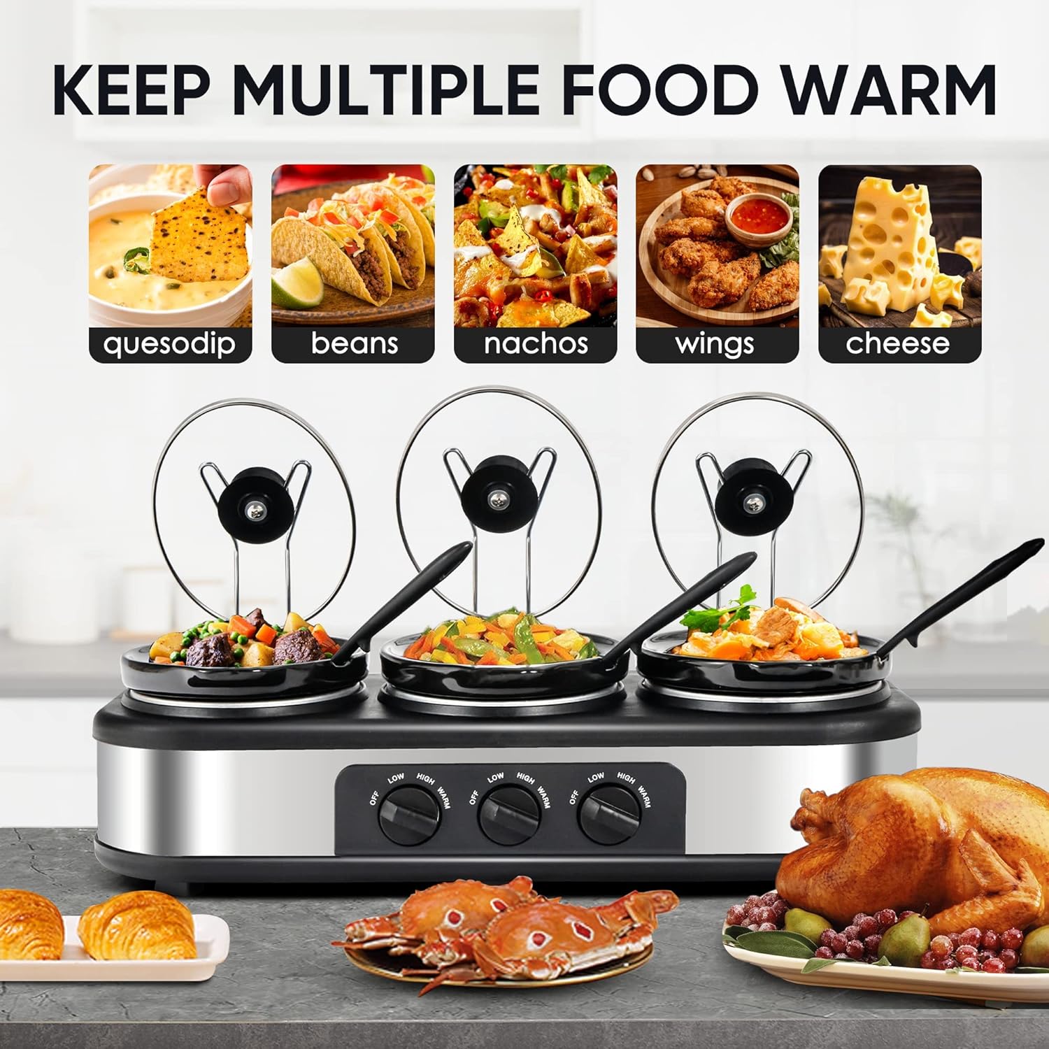 Triple Slow Cooker with Lid Rests, Breakfast Buffet Servers and Warmers with 3 X 1.5Qt, Tempered glass lids  3 Adjustable Temp, Dishwasher Safe, Stainless Steel