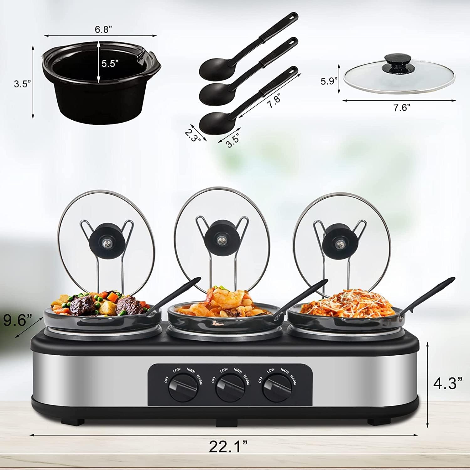 Triple Slow Cooker with Lid Rests, Breakfast Buffet Servers and Warmers with 3 X 1.5Qt, Tempered glass lids  3 Adjustable Temp, Dishwasher Safe, Stainless Steel