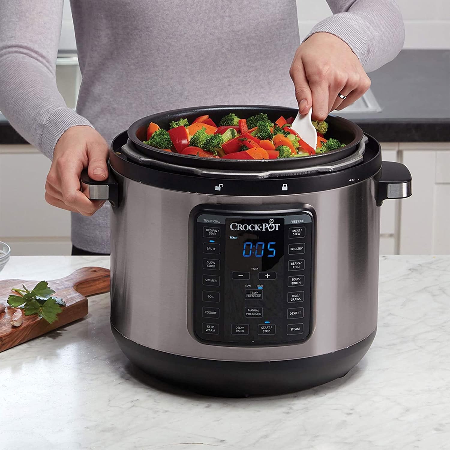 Crock-Pot 8-Quart Multi-Use XL Express Crock Programmable Slow Cooker and Pressure Cooker with Manual Pressure, Boil  Simmer, Black Stainless