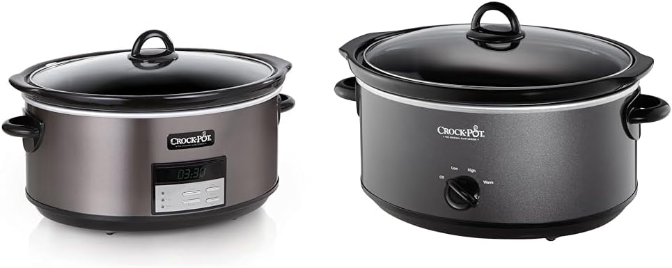 Crock-Pot Large 8 Quart Programmable Slow Cooker with Auto Warm Setting and Cookbook, Black Stainless Steel  7 Quart Slower Cooker, Food Warmer, Charcoal