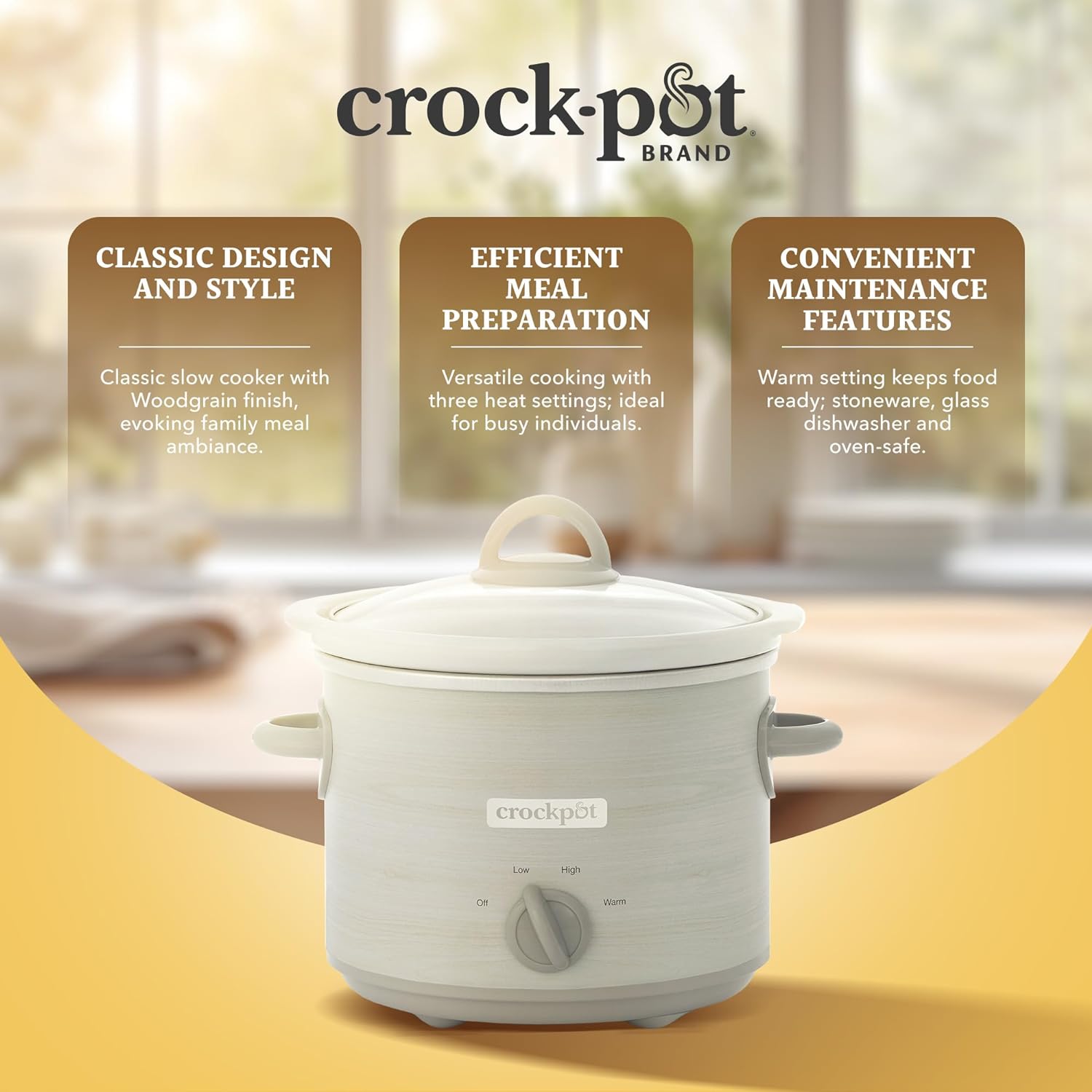 Crock-Pot Manual Design Series 3 Quart Slow Cooker with 3 Cook Settings, Removable Dishwasher and Oven Friendly Stoneware for Meal Prep, Woodgrain