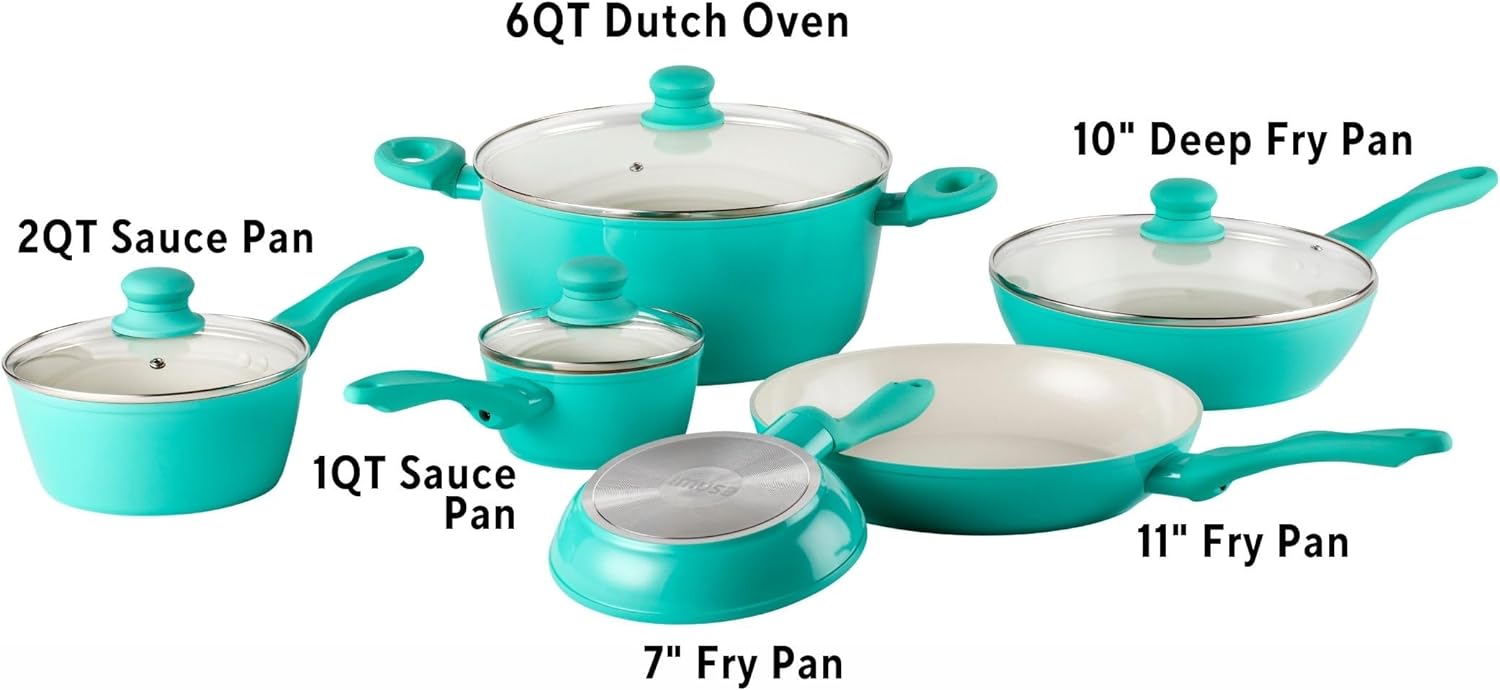 IMUSA USA 10pc Forged Nonstick white Interior Ceramic Teal Cookware Set