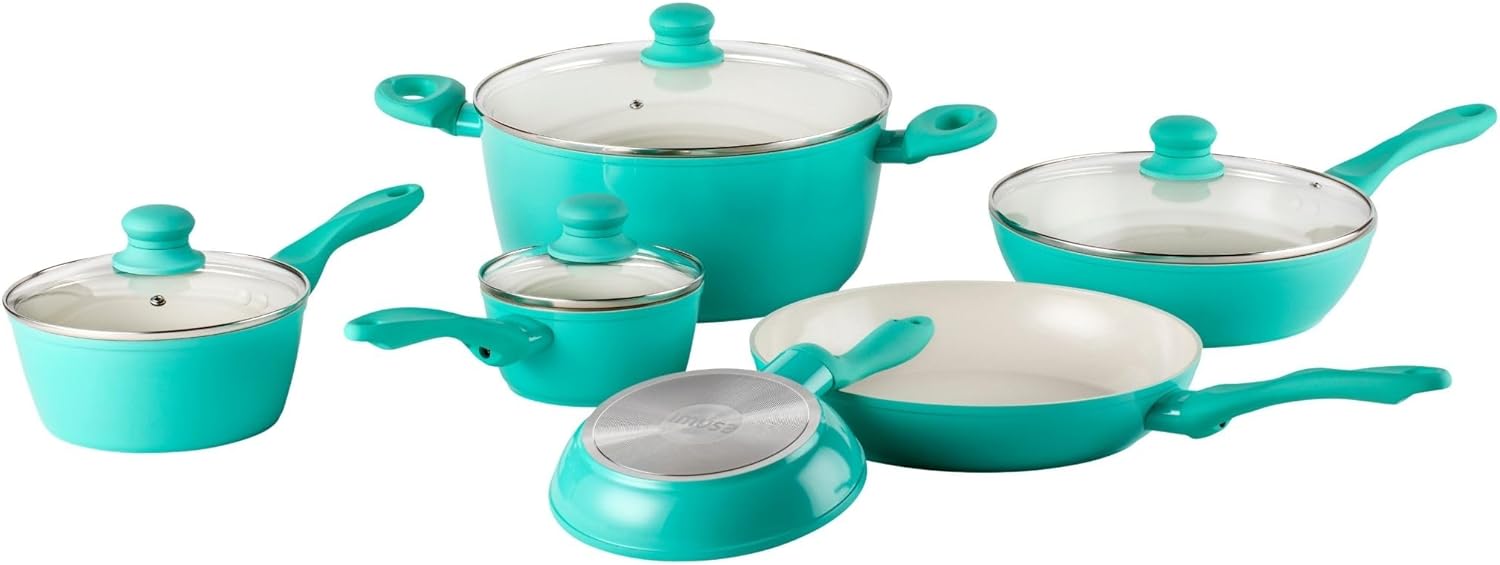 IMUSA USA 10pc Forged Nonstick white Interior Ceramic Teal Cookware Set