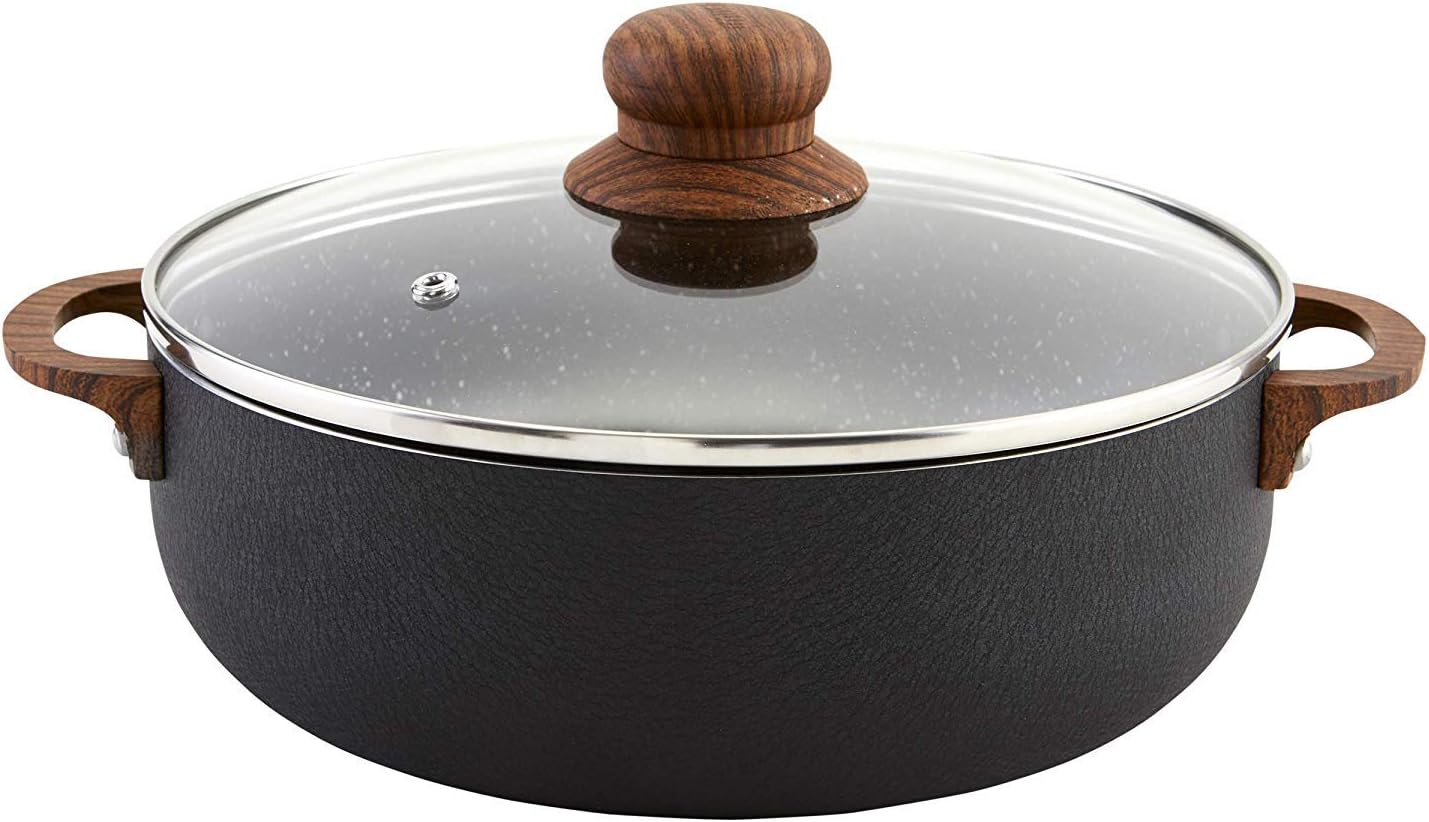 IMUSA USA Black 4.4Qt Stone Caldero with Woodlook Handles and Knob, 4.4 Quart