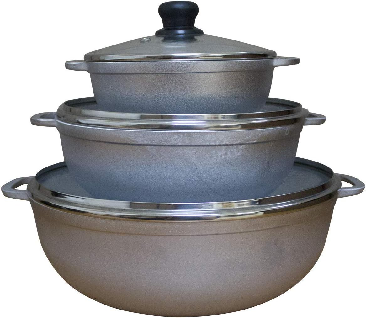 IMUSA USA Traditional Colombian Natural Caldero Glass Lid  Steam Vent 3-Piece (1.4/3.4/6.6) Quart, Silver (Dutch Oven Set)  GAU-80503 2.6Qt Traditional Colombian Caldero (Dutch Oven), Silver