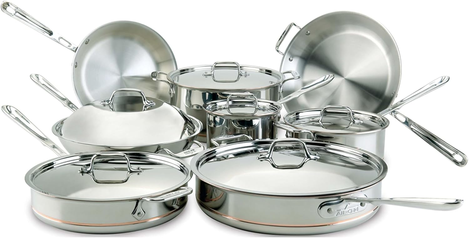 All-Clad Copper Core 5-Ply Stainless Steel Cookware Set 14 Piece Induction Oven Broiler Safe 600F Pots and Pans Silver