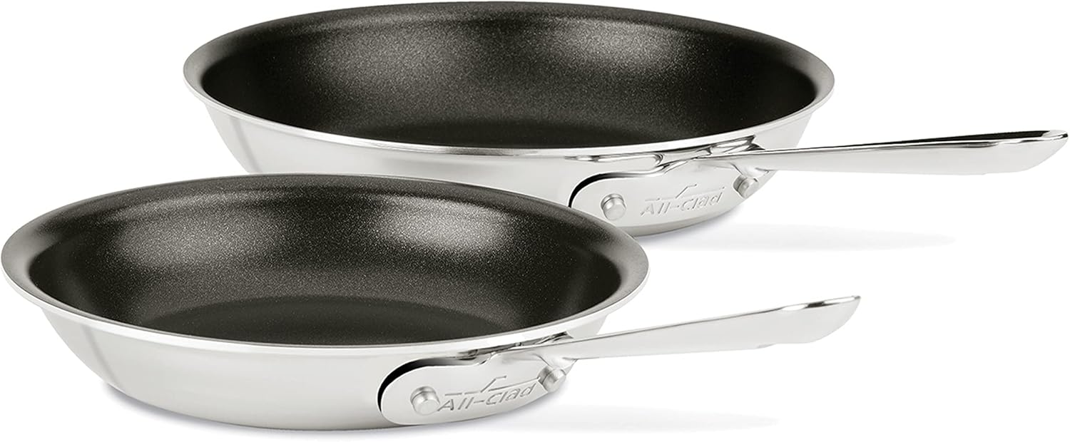 All-Clad D3 3-Ply Stainless Steel Non Stick Fry Pan Set 2 Piece, 8 and 10 Inch, Induction, Oven Broiler Safe 500F, Skillets, Nonstick Frying Pans, Pots and Pans Set, Kitchen, Cookware, Home, Silver