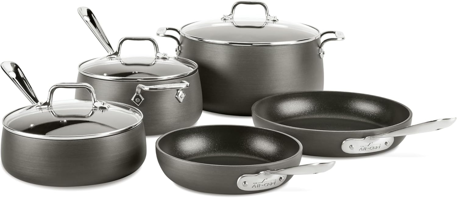 All-Clad HA1 Hard Anodized Non Stick Cookware Set 8 Piece, Induction, Oven Broiler Safe 500F, Lid Safe 350F, Kitchen Cooking Set w/ Frying Pans, Sauce Pans, Stockpot, Pots and Pans Set Non Stick Black