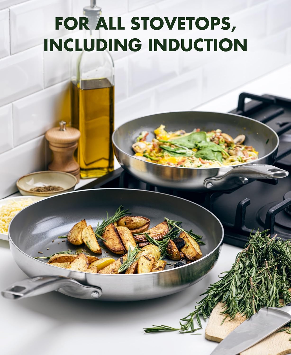 GreenPan Chatham Tri-Ply Stainless Steel Cookware Healthy Ceramic Nonstick 8 10 and 12 3 Piece Frying Pan Skillet Set, PFAS-Free, Multi Clad, Induction, Dishwasher Safe, Oven and Broiler Safe