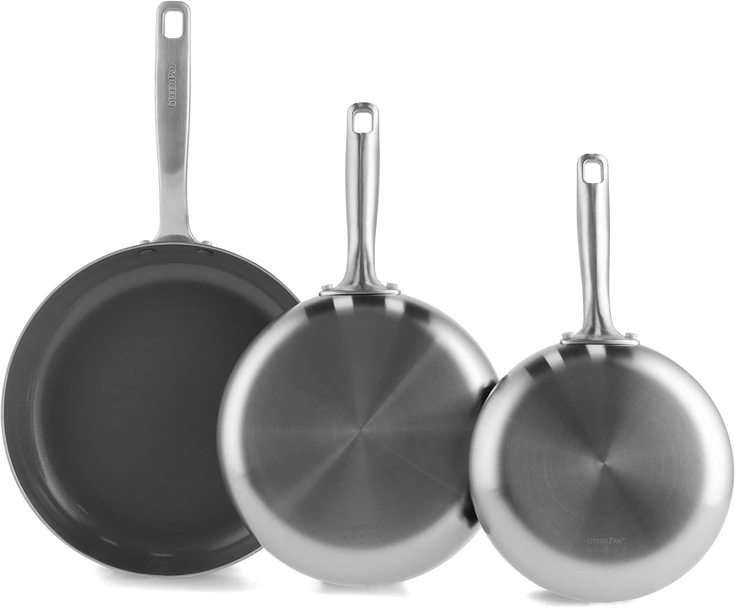 GreenPan Chatham Tri-Ply Stainless Steel Cookware Healthy Ceramic Nonstick 8 10 and 12 3 Piece Frying Pan Skillet Set, PFAS-Free, Multi Clad, Induction, Dishwasher Safe, Oven and Broiler Safe