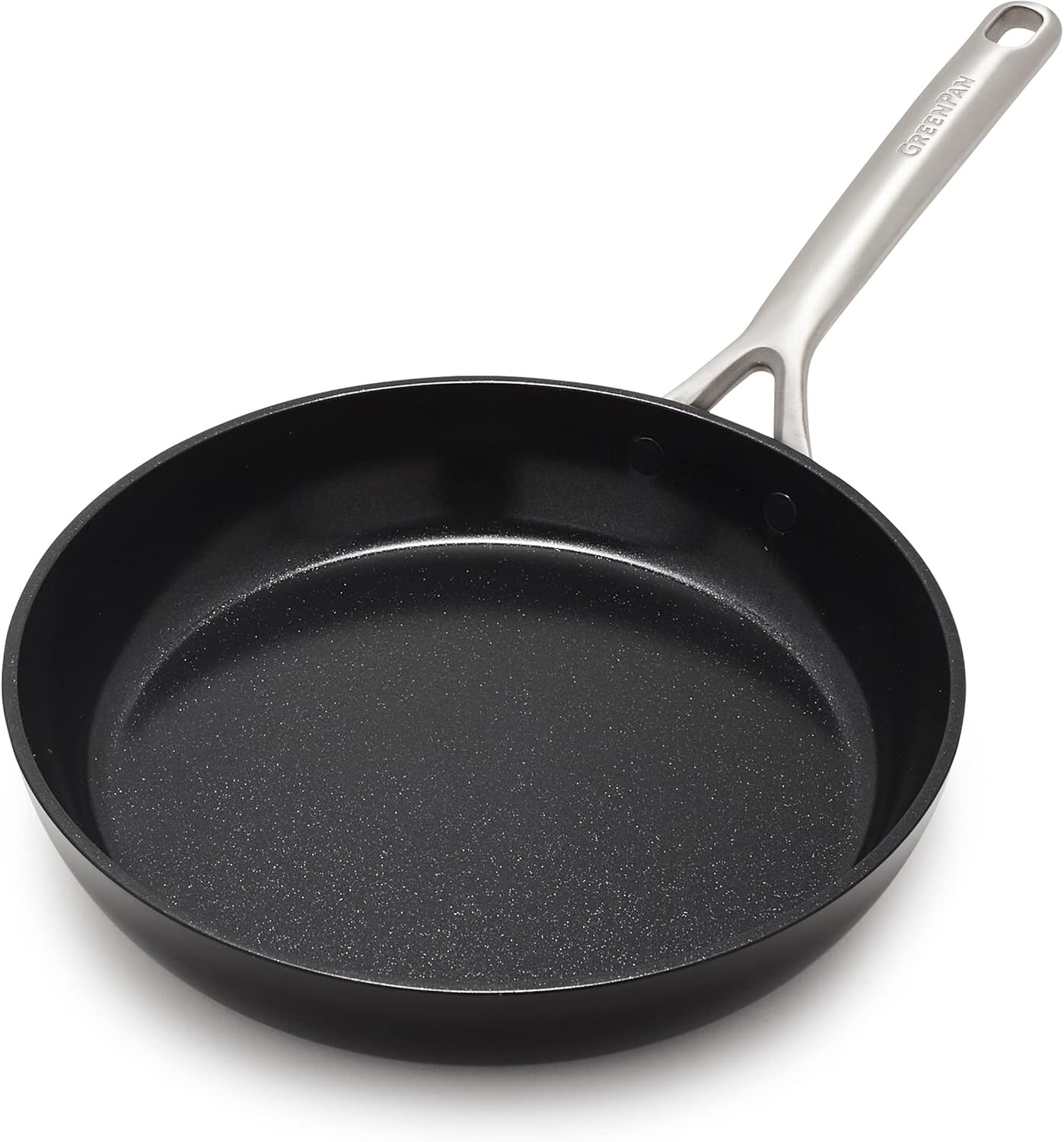 GreenPan GP5 Hard Anodized Healthy Ceramic Nonstick 10 Frying Pan Skillet, Heavy Gauge Scratch Resistant, Stay Flat Surface, Induction, Mirror Finish Handle,Oven Safe, PFAS-Free, Black