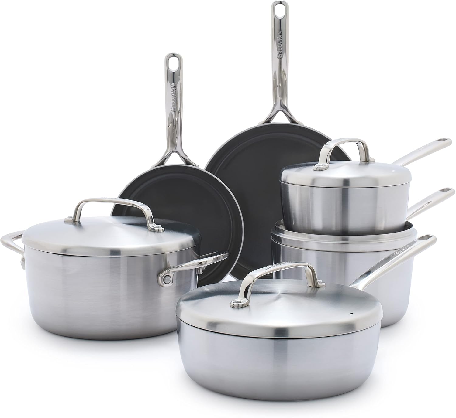 GreenPan GP5 Stainless Steel 5-Ply Healthy Ceramic Nonstick 13 Piece Cookware Pots  Pans Set, Frying Pans, Sauté, Saucepans, Stock Pot, Scratch Resistant, Induction,Dishwasher  Oven Safe, PFAS-Free