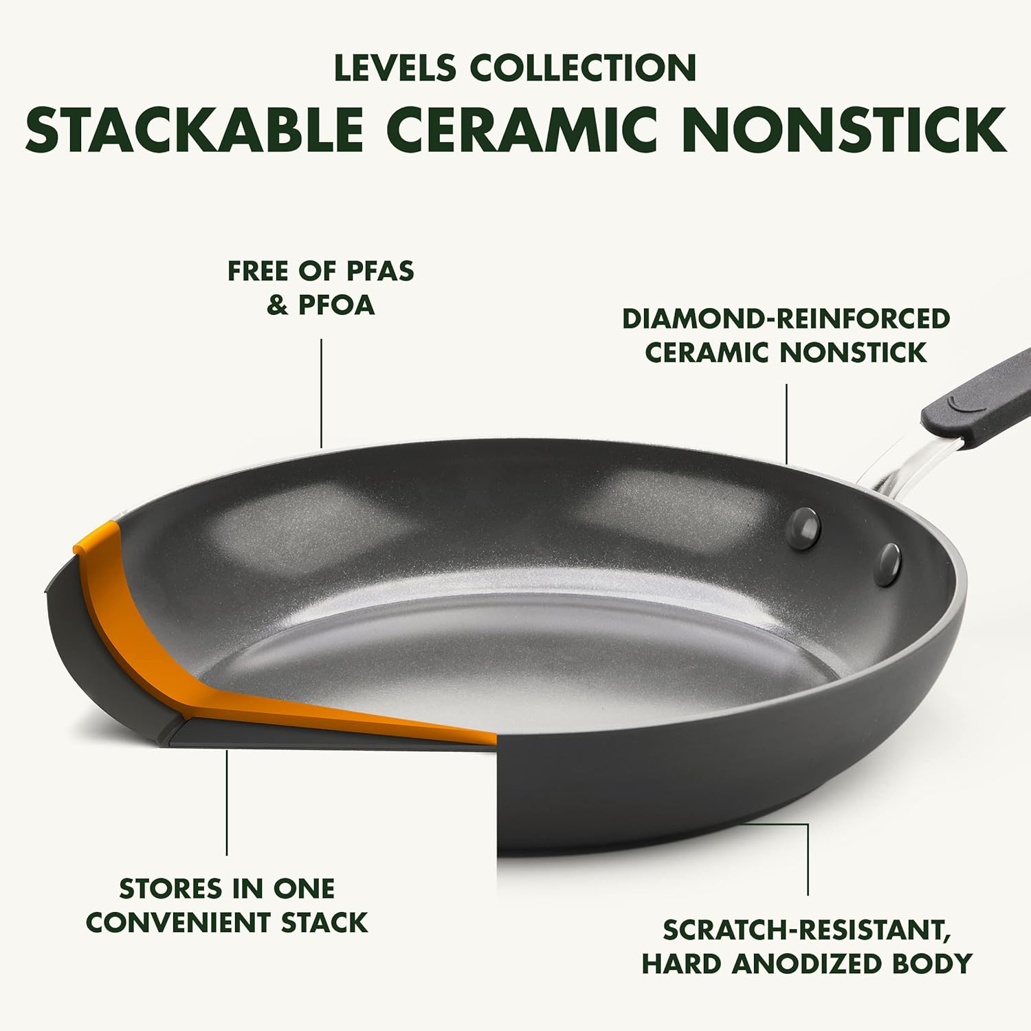 GreenPan Levels Stackable Tri-Ply Stainless Steel, Healthy Ceramic Nonstick, 10 and 12 Frying Pan Skillet Set, PFAS-Free, Dishwasher Safe, Silver