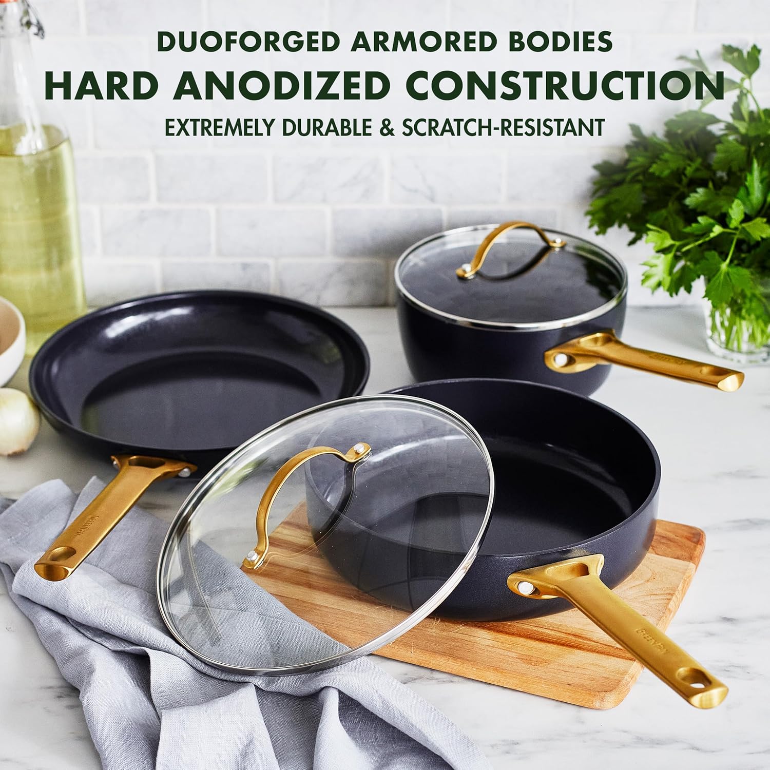 GreenPan Reserve Hard Anodized Healthy Ceramic Nonstick 5 Piece Cookware Pots and Pans Set, Gold Handle, PFAS-Free, Dishwasher Safe, Oven Safe, Black