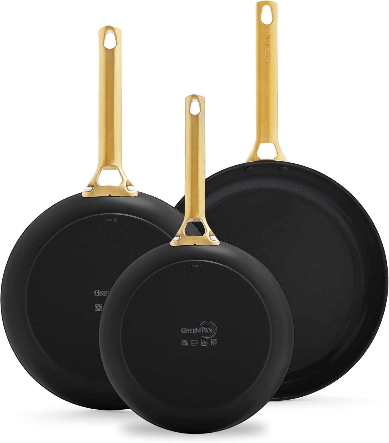 GreenPan Reserve Hard Anodized Healthy Ceramic Nonstick, 8 10 and 12 3 Piece Frying Pan Skillet Set, Gold Handle, PFAS-Free, Dishwasher Safe, Oven Safe, Black