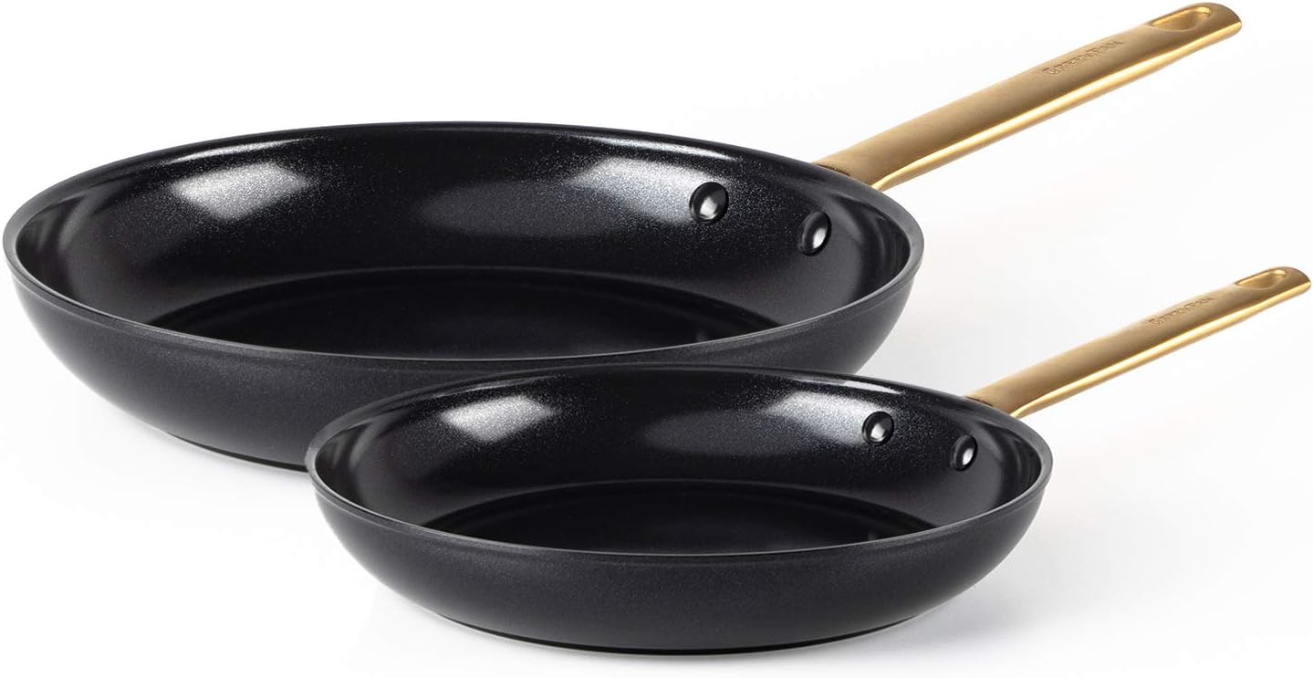 GreenPan Reserve Hard Anodized Healthy Ceramic Nonstick 8 and 10 Frying Pan Skillet Set, Gold Handle, Dishwasher Safe, Oven Safe, Black