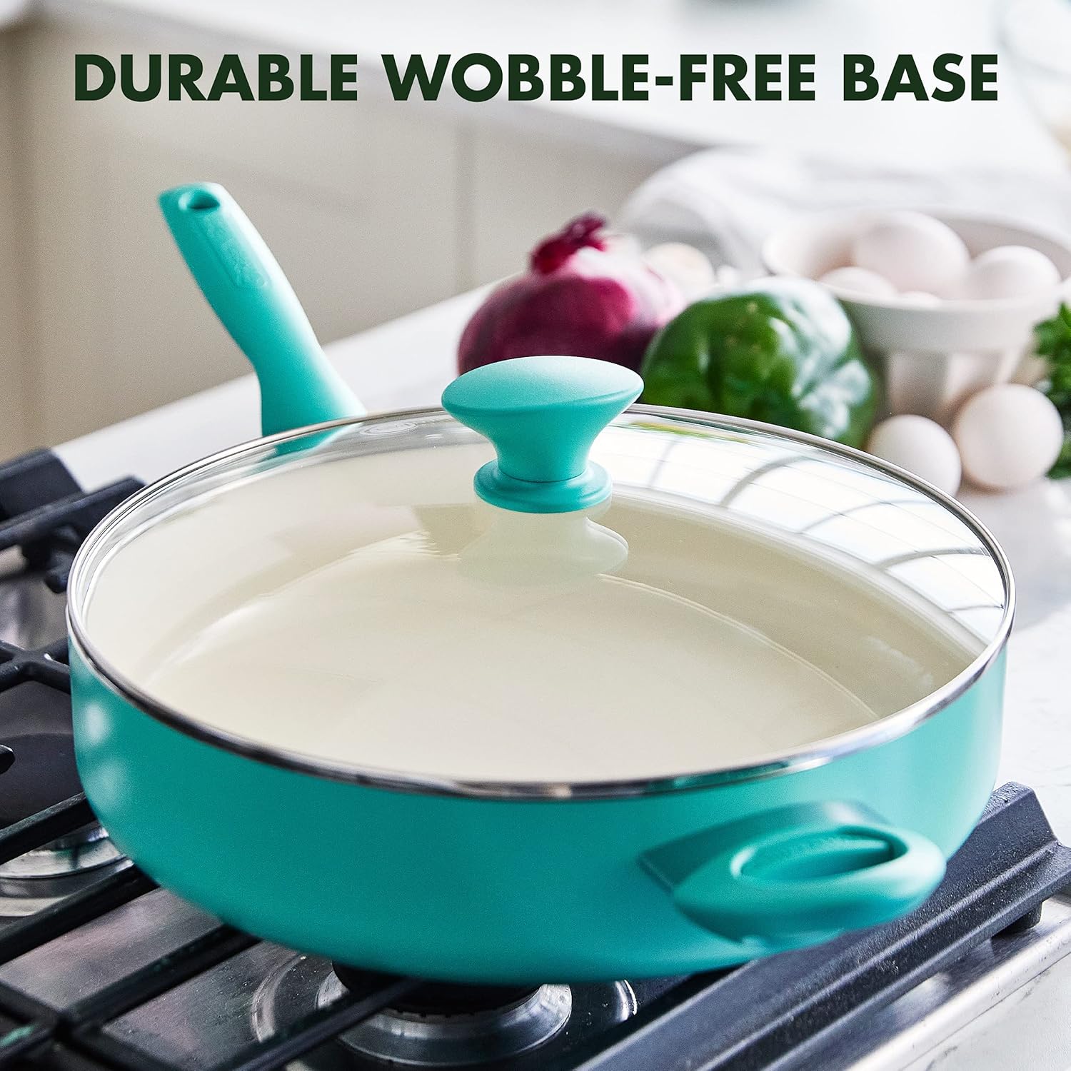 GreenPan Rio Healthy Ceramic Nonstick 5QT Saute Pan Jumbo Cooker with Helper Handle and Lid, PFAS-Free, Dishwasher Safe, Turquoise