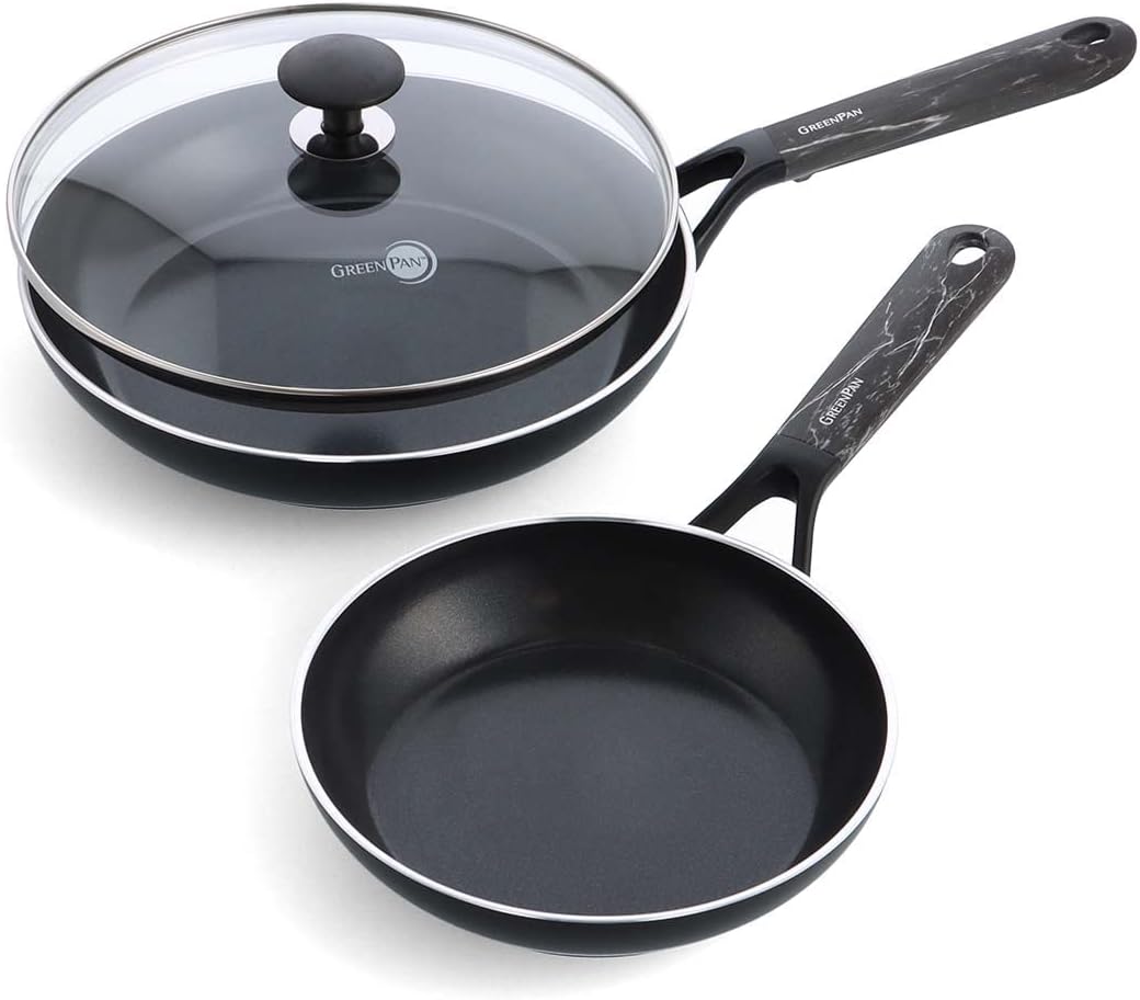 GreenPan SmartShape Healthy Ceramic Nonstick 3-Piece Frypan Set, PFAS-Free, Dishwasher Safe, Black Marble