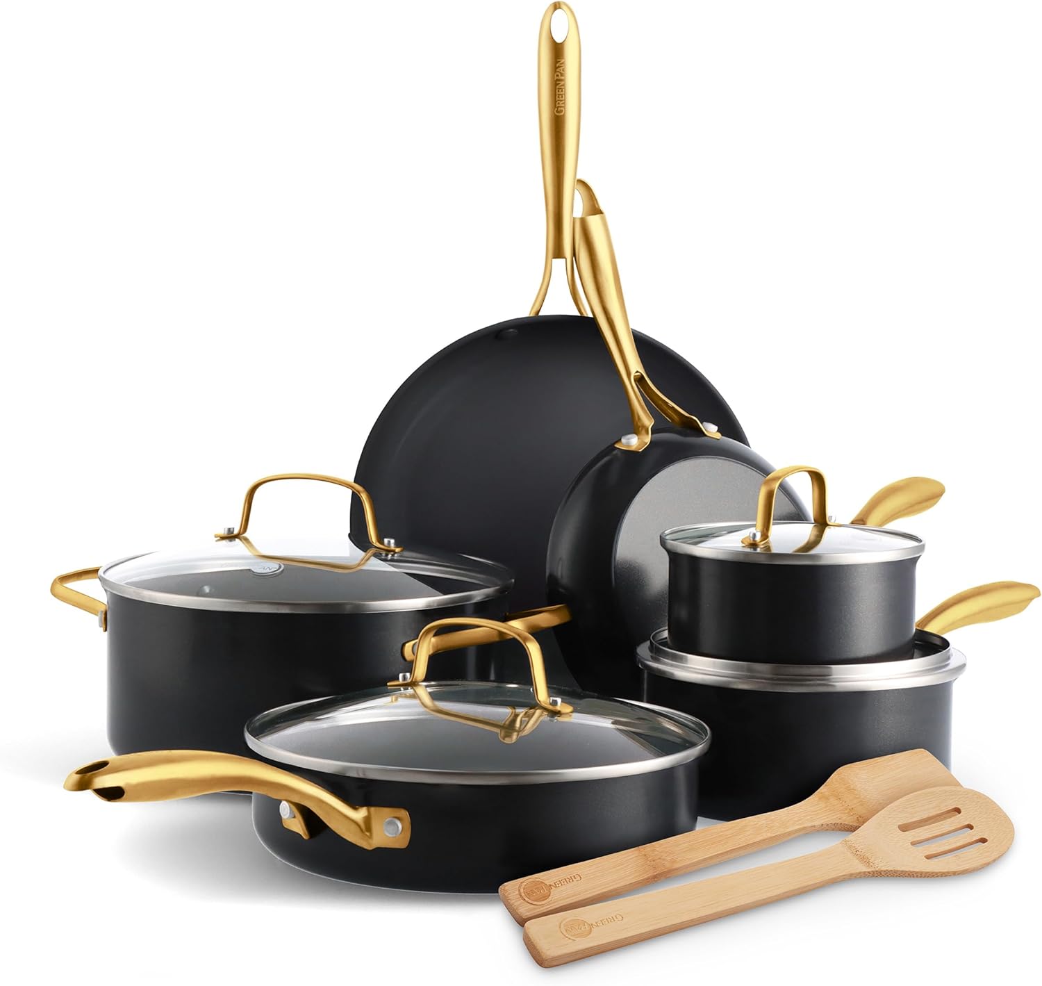 GreenPan Swift Healthy Ceramic Nonstick, 12 Piece Cookware Pots and Pans Set, Stainless Steel Handles, PFAS-Free, Dishwasher Safe, Oven Safe, Black