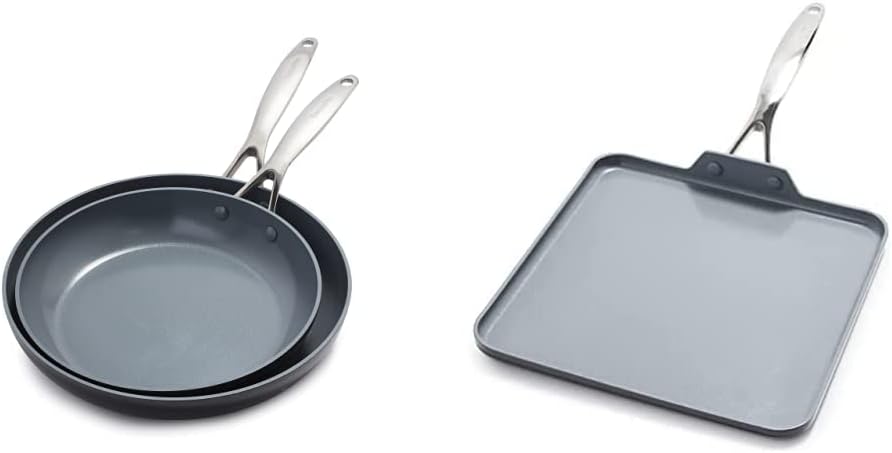 GreenPan Valencia Pro Hard Anodized Healthy Ceramic Nonstick 10 and 12 Frying Pan Skillet Set, Gray  Valencia Pro Hard Anodized Healthy Ceramic Nonstick 11 Griddle Pan, Gray