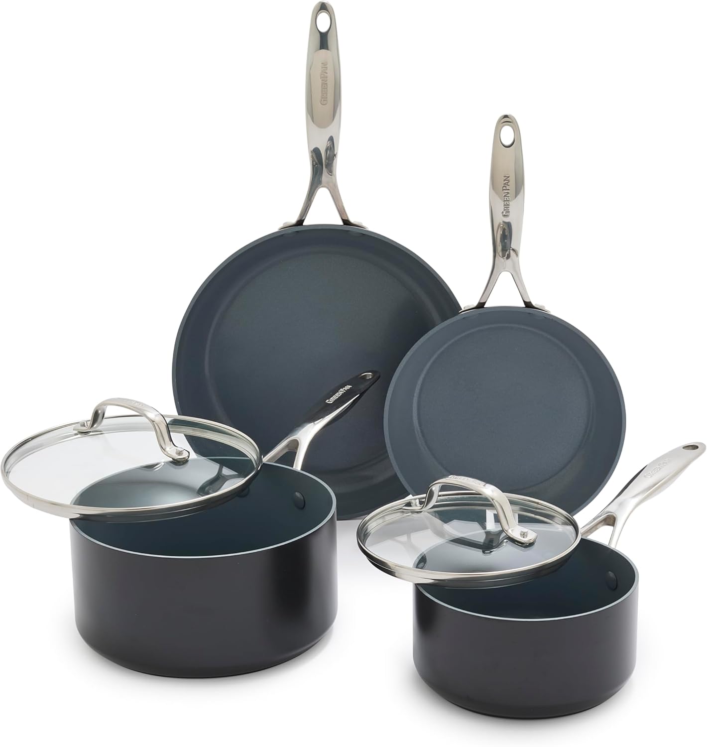 GreenPan Valencia Pro Hard Anodized Healthy Ceramic Nonstick 8” and 10” Frying Pan Skillets, and 2QT and 3QT Saucepan Pots with Lids, PFAS  PFOA-Free, Induction Suitable, Dishwasher  Oven Safe, Gray