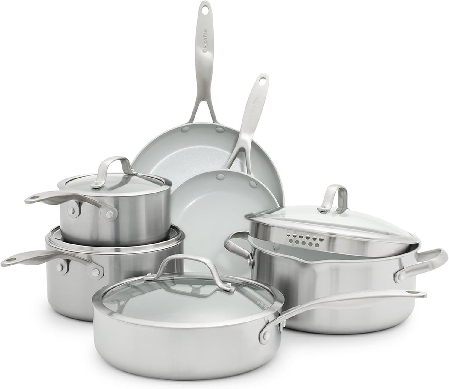 GreenPan Venice Pro 10 Piece Cookware Set, Stainless Steel Non-Toxic PFAS-Free with Ceramic Nonstick Coating, Induction Suitable, Glass Lids, Multi Clad, Dishwasher  Oven Safe, Silver