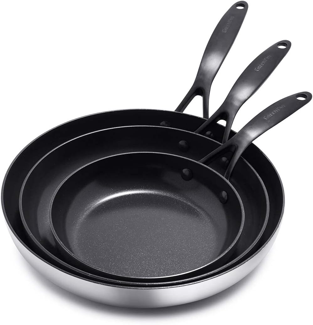 GreenPan Venice Pro Noir Tri-Ply Stainless Steel Healthy Ceramic Nonstick 8 10 and 12 Frying Pan Skillet Set, Matte Black Handle, PFAS-Free, Multi Clad, Induction, Dishwasher Safe Oven Safe, Silver