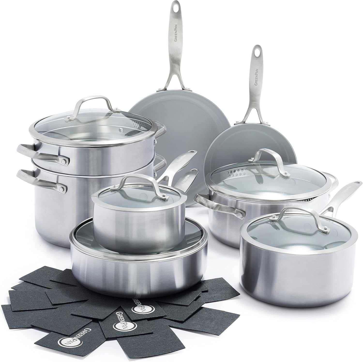 GreenPan Venice Pro Tri-Ply Stainless Steel Healthy Ceramic Nonstick 13 Piece Cookware Pots and Pans Set, PFAS-Free, Multi Clad, Induction, Dishwasher Safe, Oven Safe, Silver