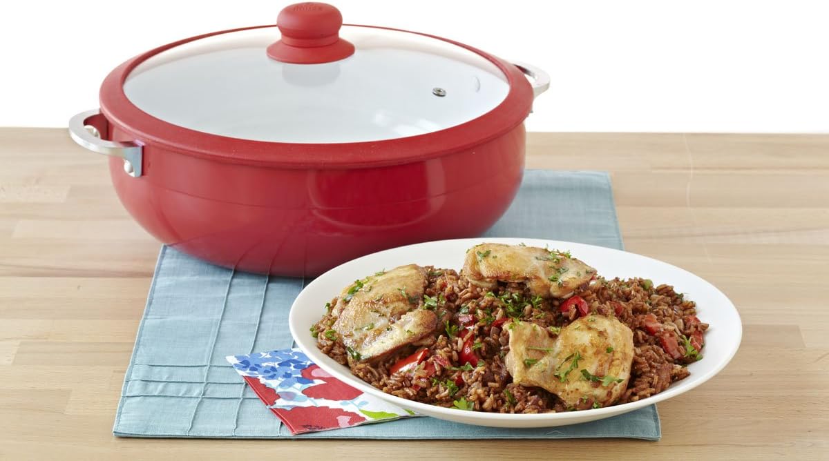 IMUSA USA 3.2Qt Red Ceramic Nonstick Caldero (Dutch Oven) with Silicone Rim  Glass Lid