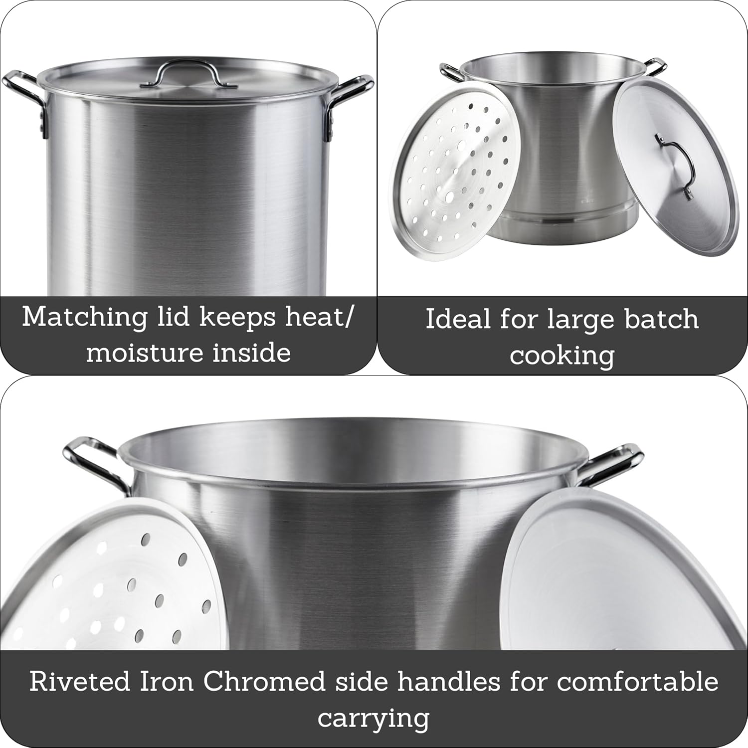 IMUSA USA 4PC Aluminum Set 16/20/24/32QT with Lid and Removable Steamer, 4 Piece, Silver