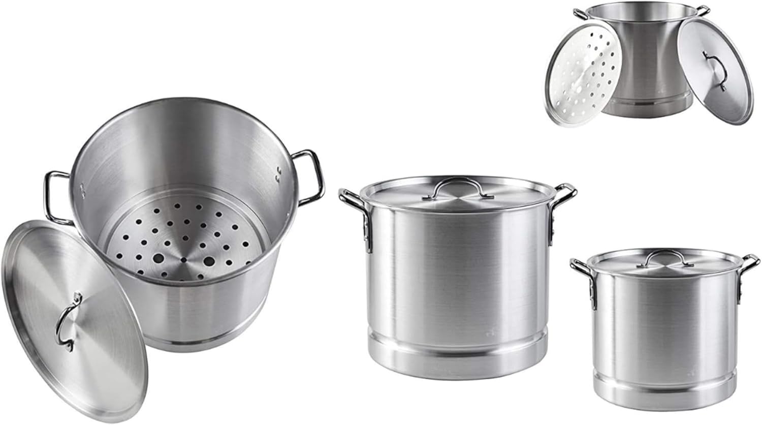 IMUSA USA 4PC Aluminum Set 16/20/24/32QT with Lid and Removable Steamer, 4 Piece, Silver