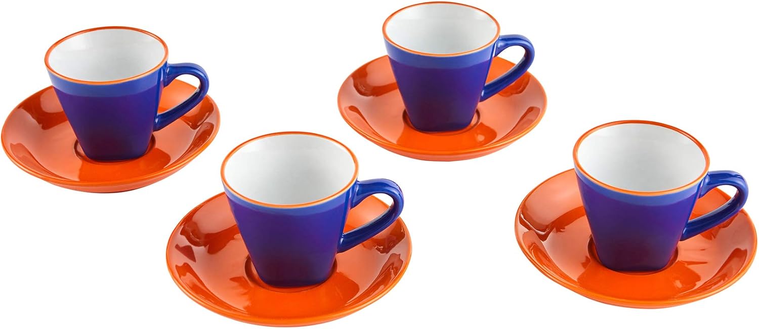 IMUSA USA Blue, 8 Piece 3oz Colorful Espresso Cups with Saucers, Orange